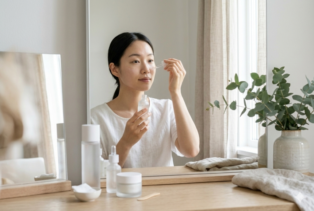 Rutina de skincare coreano estilo K-Beauty aplicando sérum facial frente a espejo