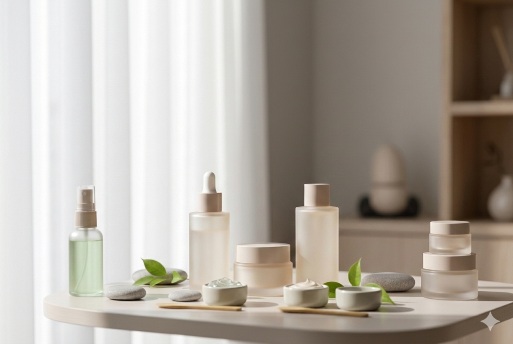 Productos de skincare coreano estilo K-Beauty sobre mesa minimalista