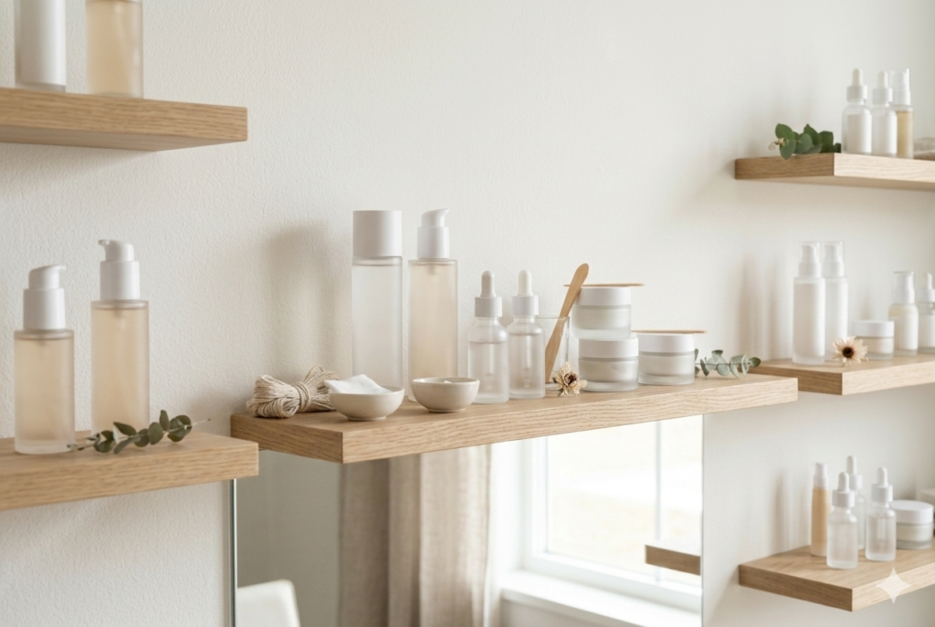 Productos de marcas de skincare coreano estilo K-Beauty en estantería minimalista