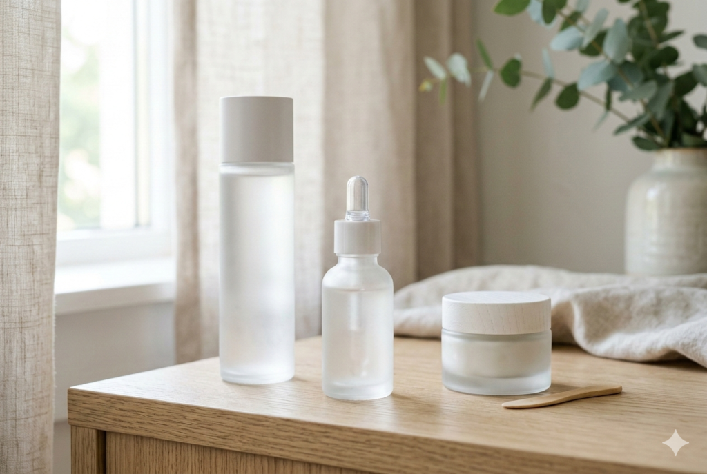 Productos de skincare coreano estilo K-Beauty con frascos de sérum y cosméticos minimalistas